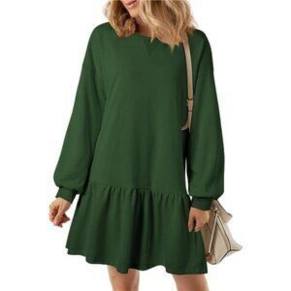 Women's Fall Long Sleeve Pullover Crewneck Rib Knit Sweatshirt Mini Dress